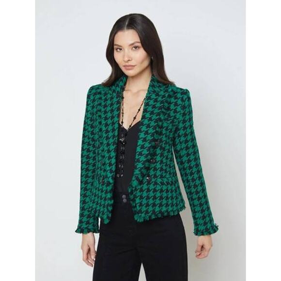 L'Agence Brooke Double Breasted Blazer in Green Black Houndstooth 6 - Picture 1 of 2